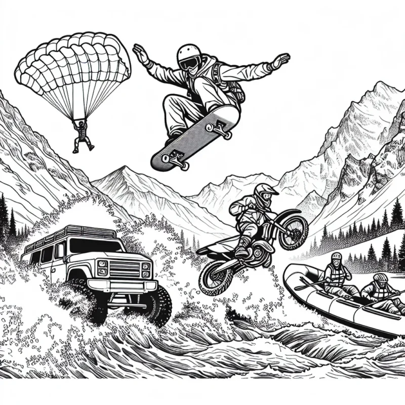 Dessine un skateboarder exécutant un fantastique trick en haut d'une rampe géante, une parachutiste en plein vol au dessus de montagnes enneigées, une personne faisant du rafting dans des rapides tumultueuses et une motocross faisant des figures acrobatiques au-dessus d'une colline rocheuse.