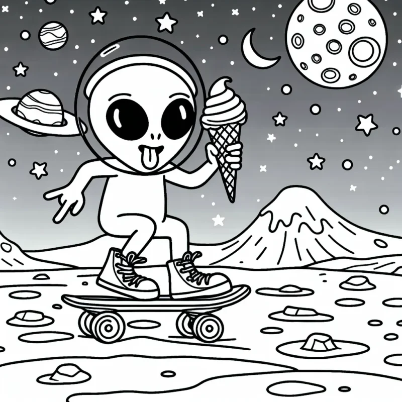 Un extraterrestre qui fait du skateboard sur la surface lunaire tout en mangeant une glace