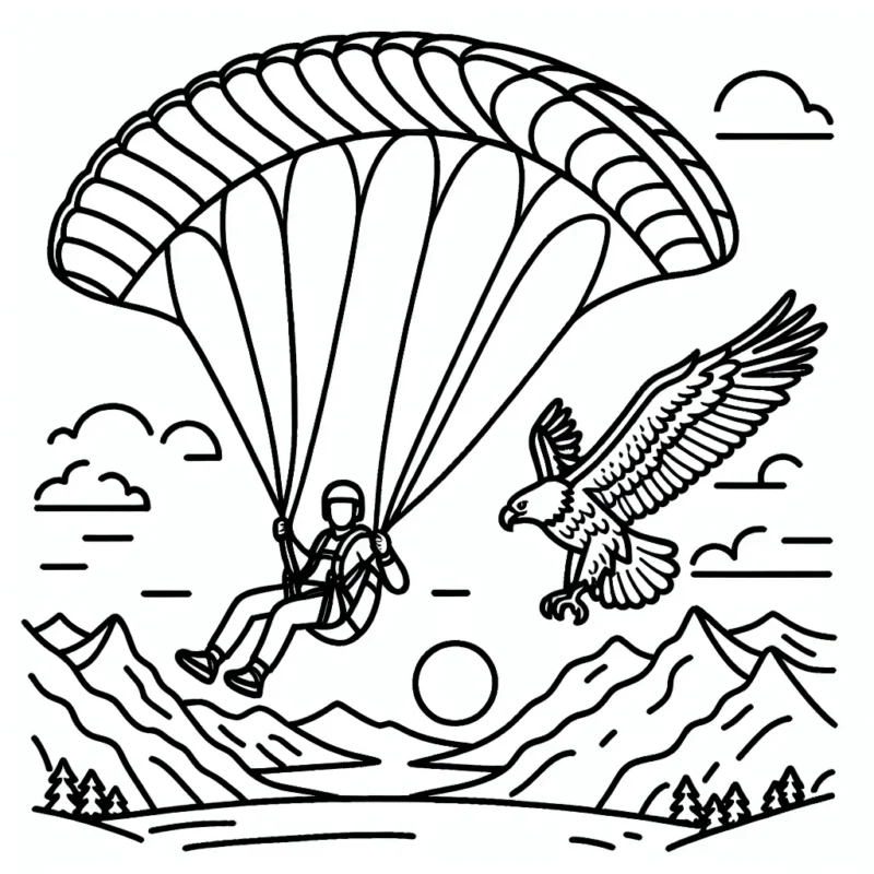 Dessine un aventurier du sport extrême en plein saut en parapente au-dessus d'une scène montagneuse, avec un aigle volant aux côtés et le soleil qui se couche à l'horizon.