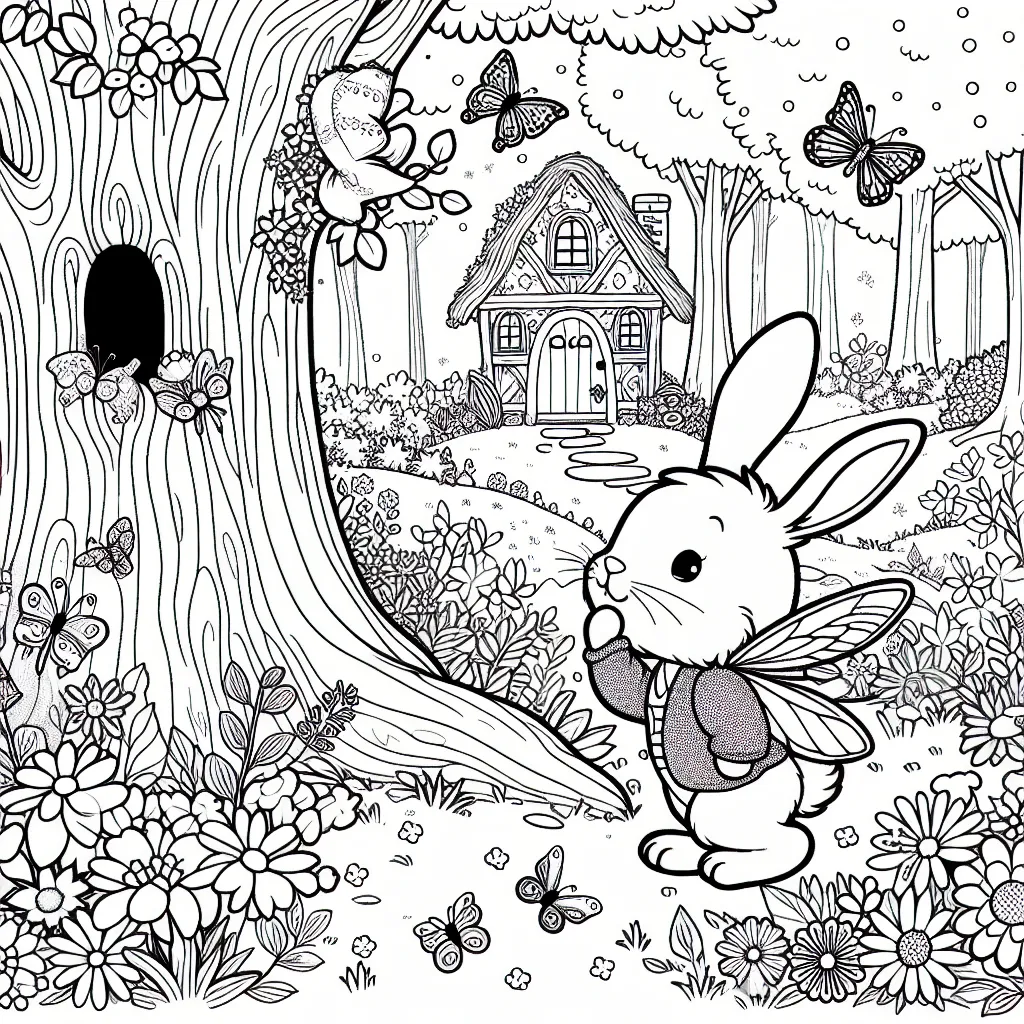 Un petit lapin curieux explore une forêt enchantée garnie de fleurs colorées et de papillons volants. Il est surpris de découvrir la maison d'un lutin cachée derrière un grand chêne.