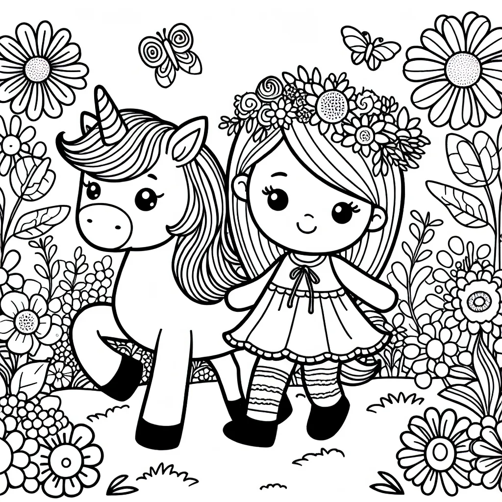 Une petite fille se promène joyeusement à travers un jardin féerique de fleurs multicolores en compagnie de son licorne confiante