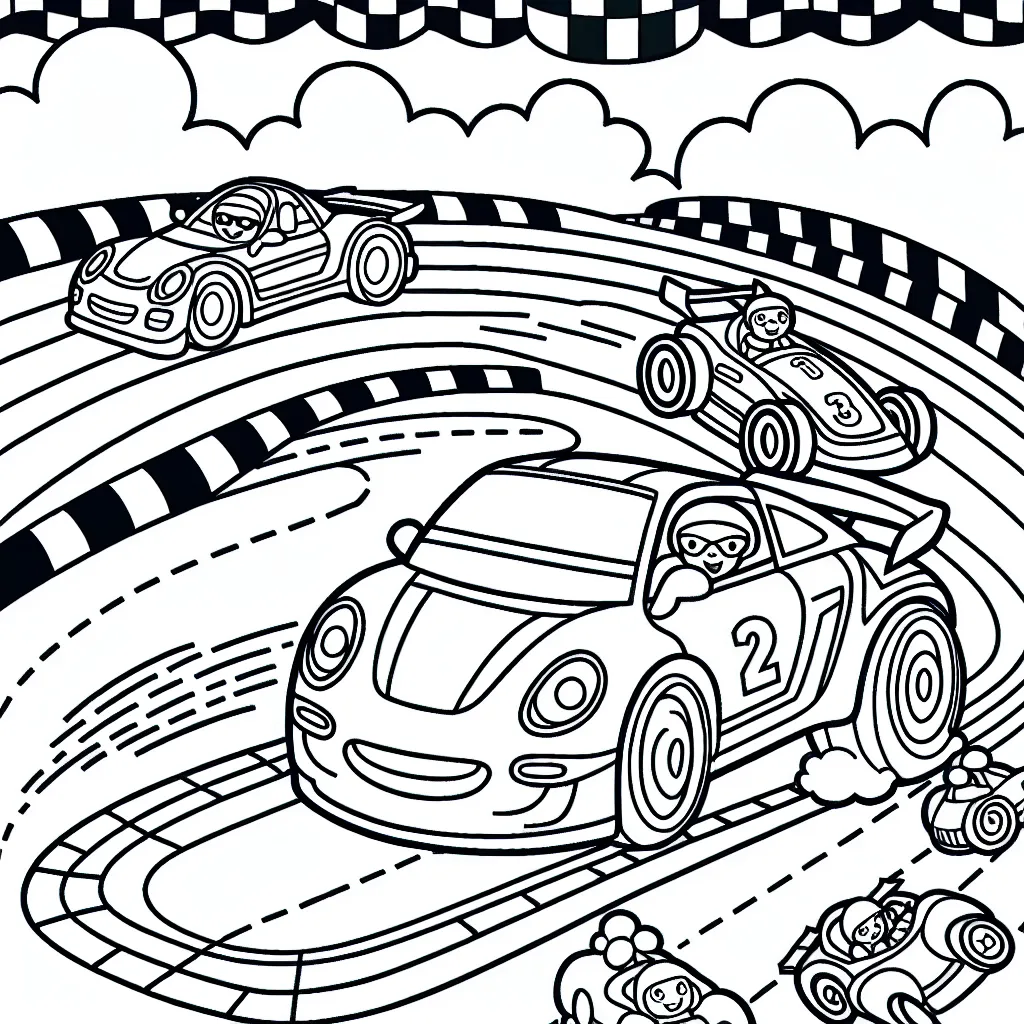 Dessine des voitures de course en pleine compétition sur un circuit animé