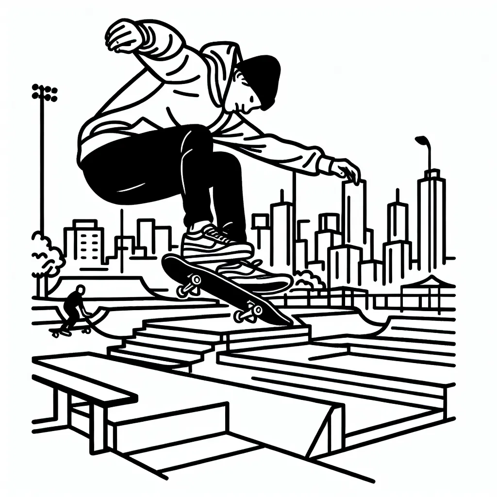 Dessine un skateboarder qui effectue un stunt impressionnant dans un skatepark urbain.