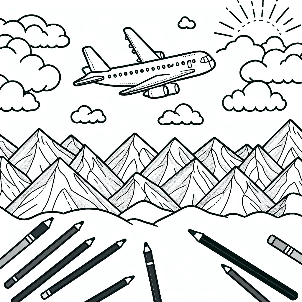 Dessin d'un paysage aérien avec un avion passager survolant les montagnes