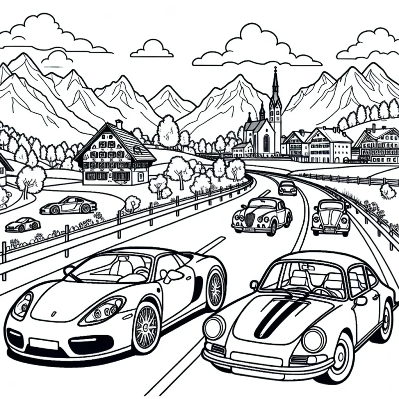 Dessine et colorie une Ferrari, une Mercedes et une Peugeot, chacune dans un environnement correspondant à son pays d'origine