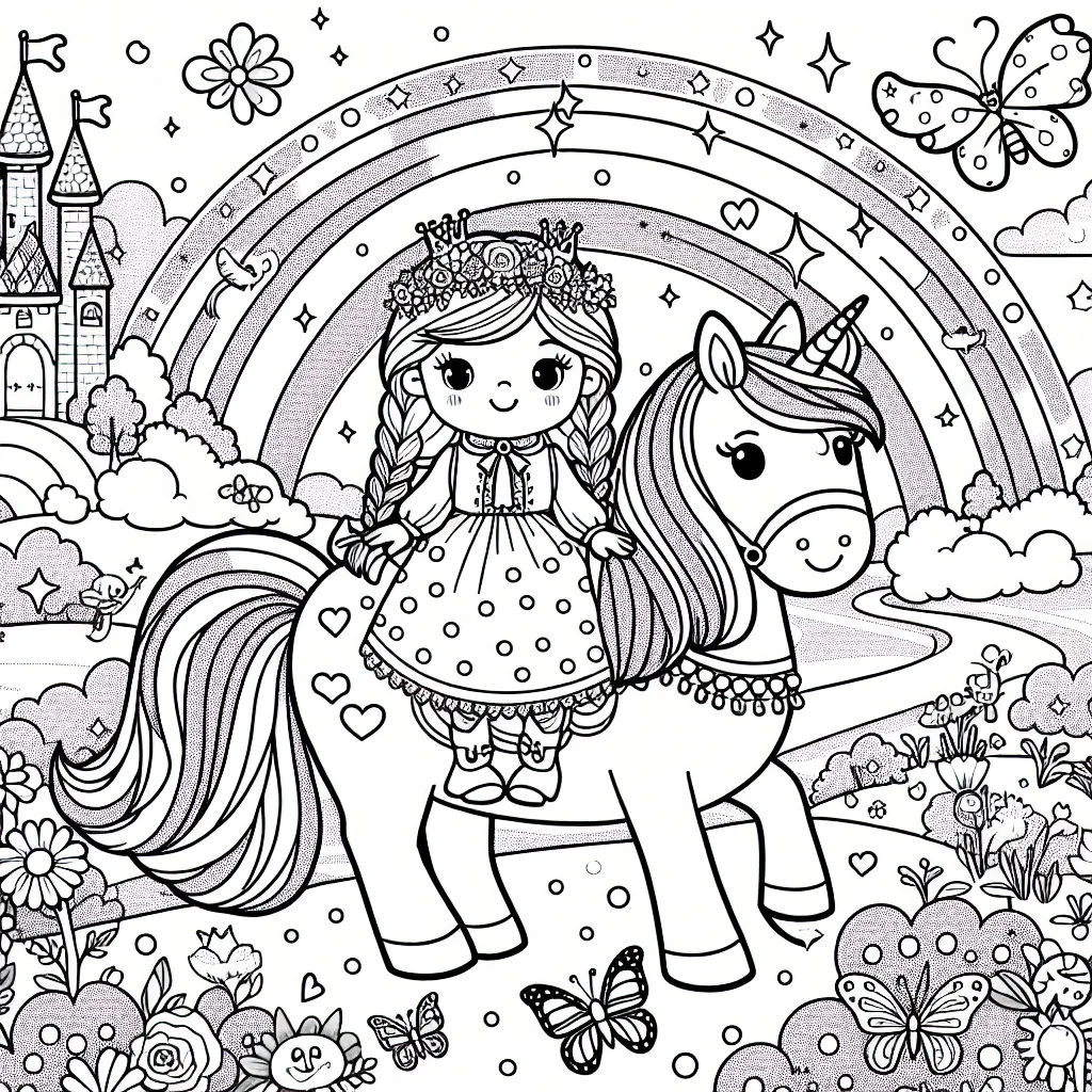 Une petite princesse aux longs cheveux tressés est en train de monter un adorable cheval rose à pois. Autour d'eux il y a un paysage féerique, avec un arc-en-ciel, des papillons multicolores, des licornes, des fleurs éclatantes et un château scintillant au loin.