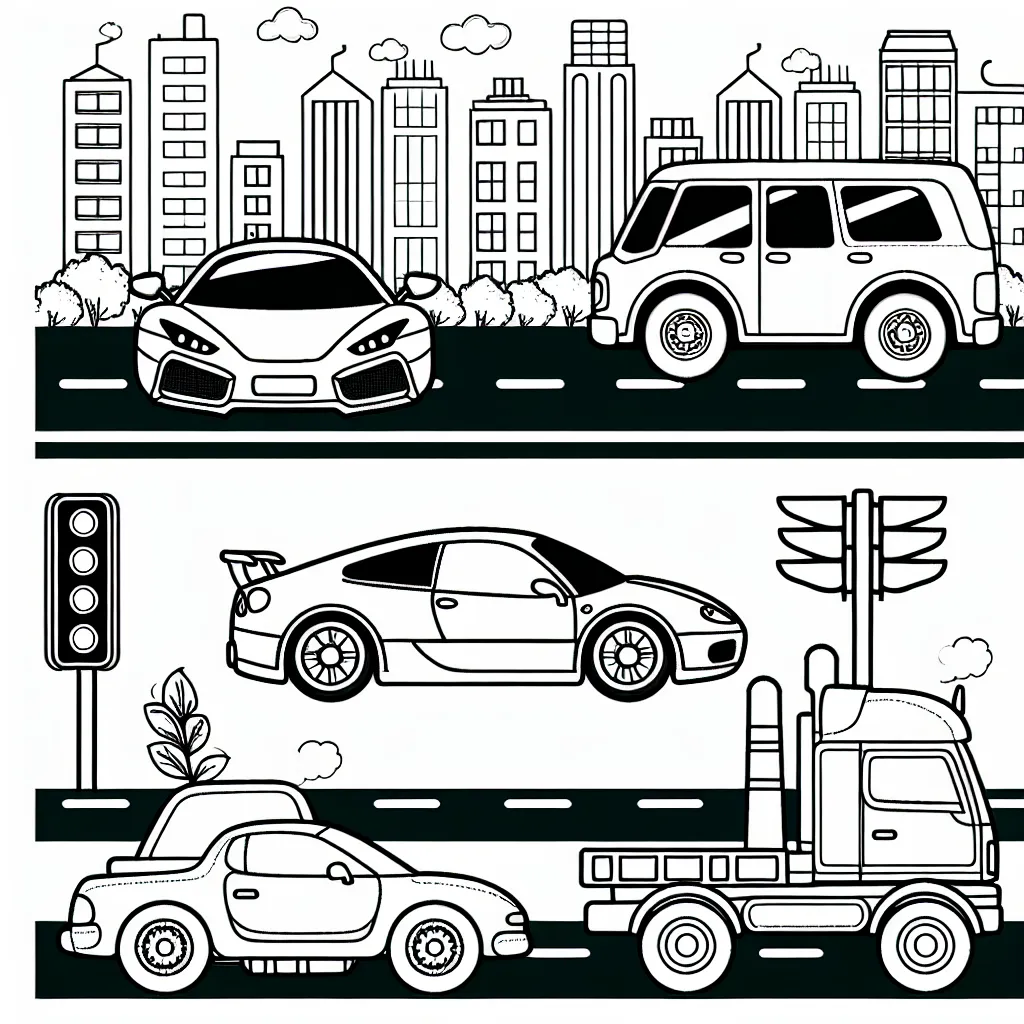 Image représentant trois types de voitures - une voiture de sport, une voiture familiale et un camion - dans un paysage animé de la ville avec des feux de circulation et des panneaux de signalisation