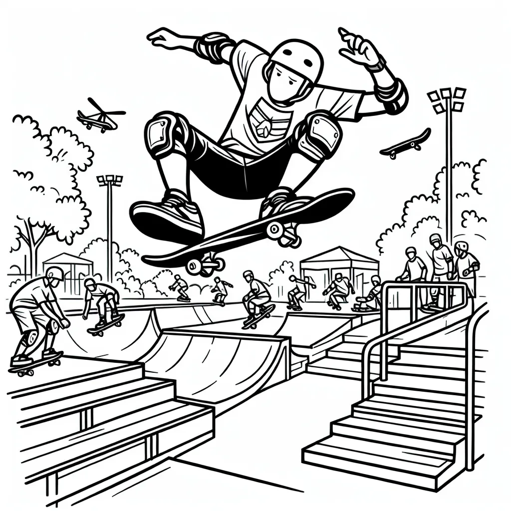 Un skateur professionnel effectuant un flip dans un skatepark très fréquenté, avec de nombreux autres skateurs en arrière-plan effectuant également des figures. Il y a des rampes, des rails et des escaliers dans le parc. Le skateur professionnel porte un casque, des protections de genoux et coudes et porte un t-shirt avec un logo de sport extrême.