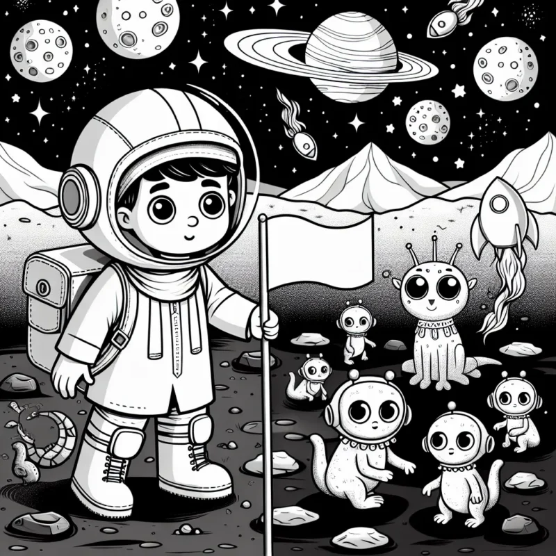 Un jeune astronaute curieux se promène sur la lune, un drapeau à la main. À sa surprise, il découvre une série d'étranges créatures lunaires. Il rencontre un groupe d'extraterrestres amicaux jouant à un jeu mystérieux. Un paysage merveilleux se déploie derrière lui, avec des étoiles scintillantes, des comètes rapides et des planètes éloignées.