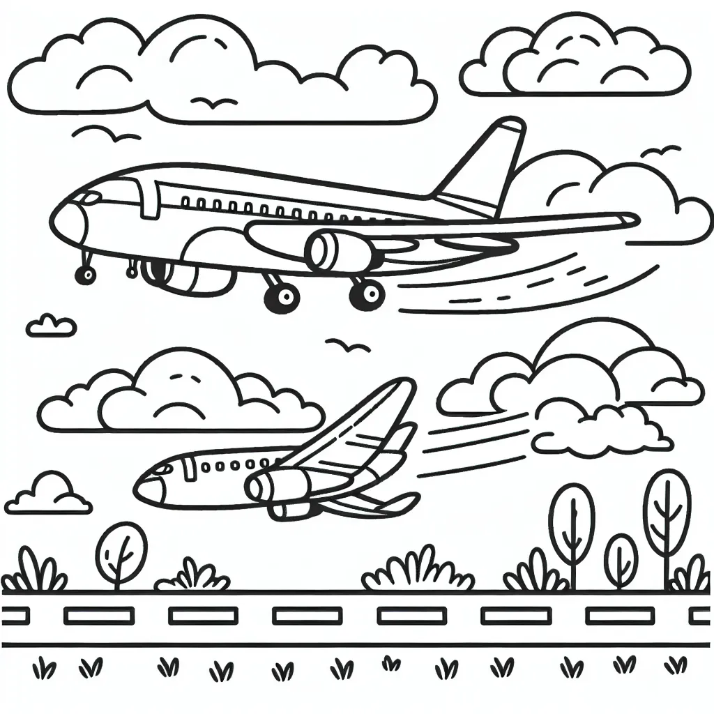 Dépeint un avion en plein vol, perché haut dans le ciel, traçant une traînée parmi les nuages, et une autre image de l'avion atterrissant doucement sur une piste d'aéroport avec des arbres et des bâtiments en arrière plan.