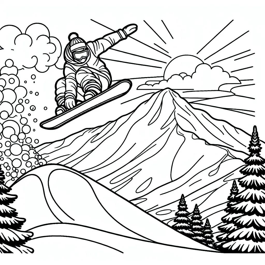 Un snowboardeur s'envole au-dessus d'une énorme bosse dans une montagne escarpée. Vos tâches sont de peindre le snowboardeur, sa planche, la piste blanche de la neige et le ciel qui change de couleurs à mesure que le soleil se couche.