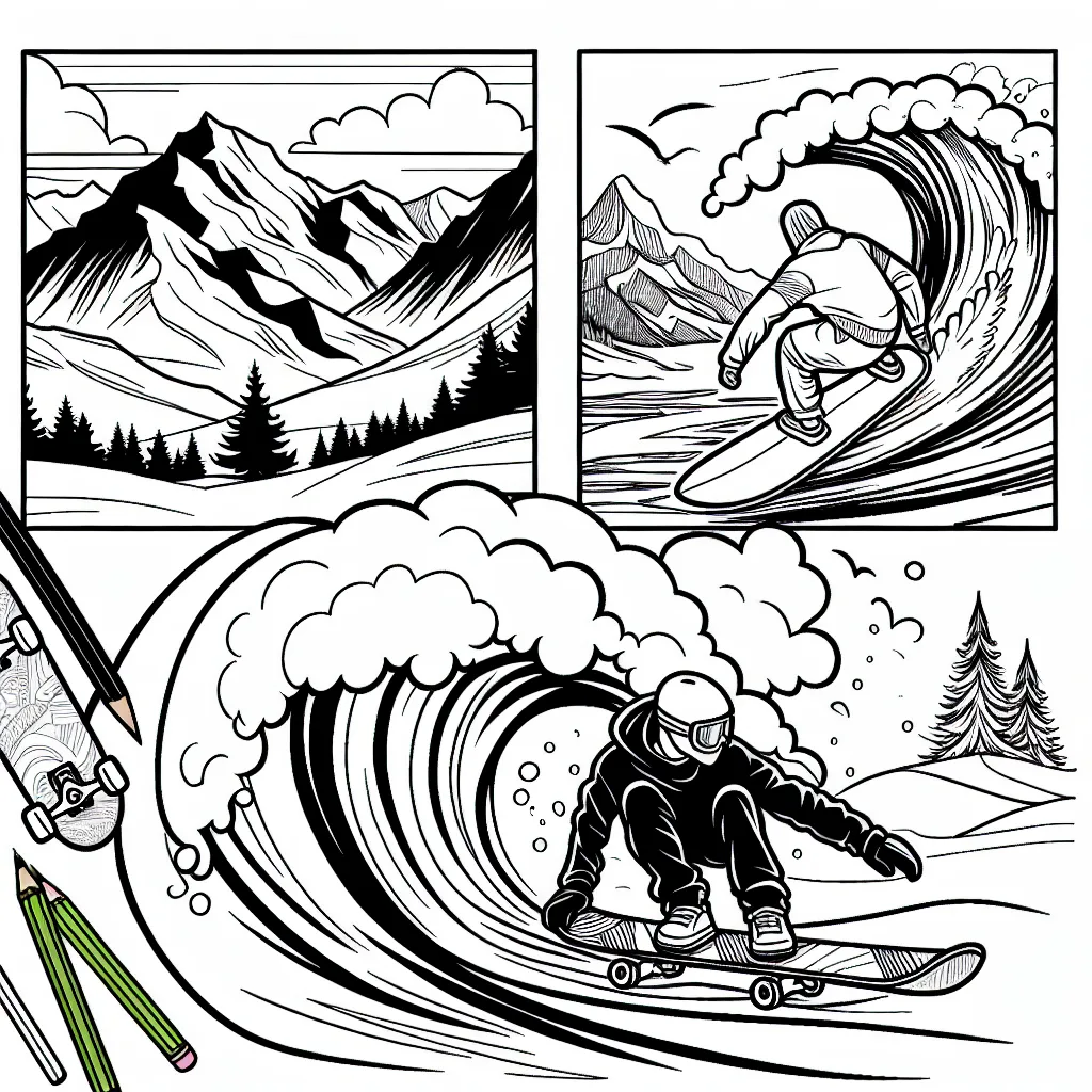 Crée un dessin avec un snowboarder qui descend une pente raide dans les montagnes, un surfeur qui chevauche une énorme vague et un skater qui fait un trick impressionnant dans un skate parc.