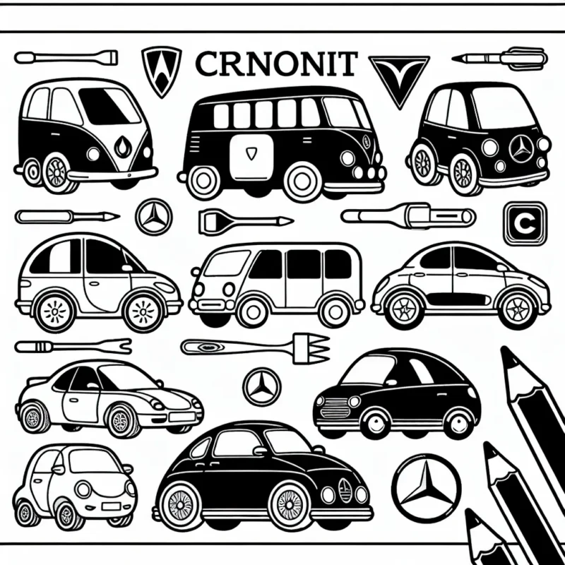 Des voitures de différentes marques sont dessinées sur une grande page, chaque voiture a une forme et des détails uniques correspondant à sa marque. Certains logos de marque sont également inclus à côté de chaque voiture. Les marques comprennent des constructeurs célèbres tels que Renault, Peugeot, Mercedes, Tesla, et plus encore.