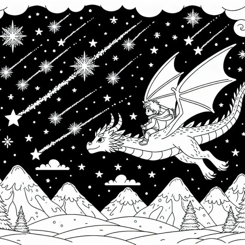 Un petit garçon chevauche un formidable dragon, volant au-dessus des montagnes enneigées sous une pluie d'étoiles filantes.