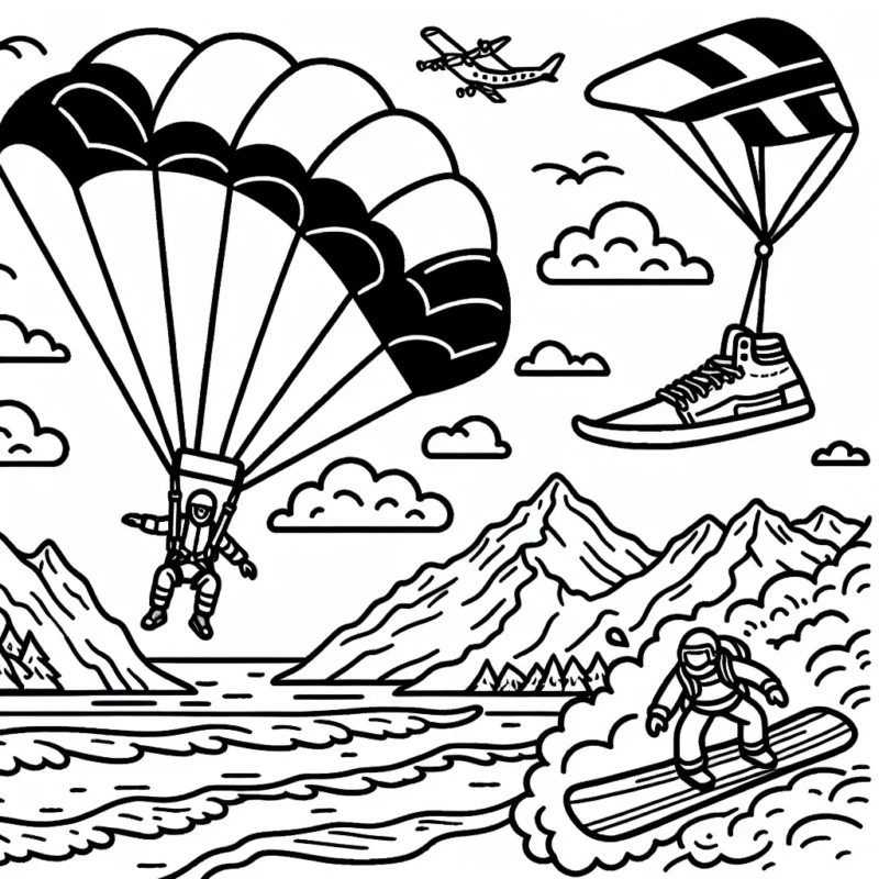 Dessine un parachutiste en plein saut, entouré de montagnes et de nuages, surfers surfant sur de grandes vagues en mer et d'un snowboarder dévalant une pente enneigée.