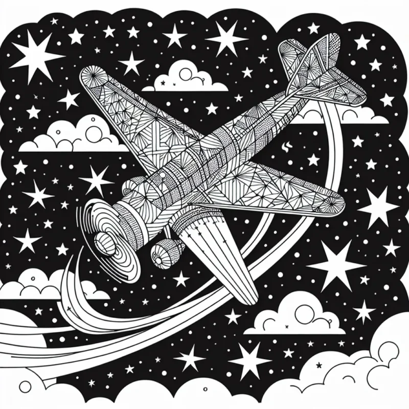 Imaginez un ciel étoilé où un avion vole gracieusement. Cet avion est unique : il est orné de motifs géométriques complexes. Autour de lui, d'autres avions plus petits dansent et jouent dans le ciel nocturne. Les étoiles brillent autour d'eux, créant une scène féerique.