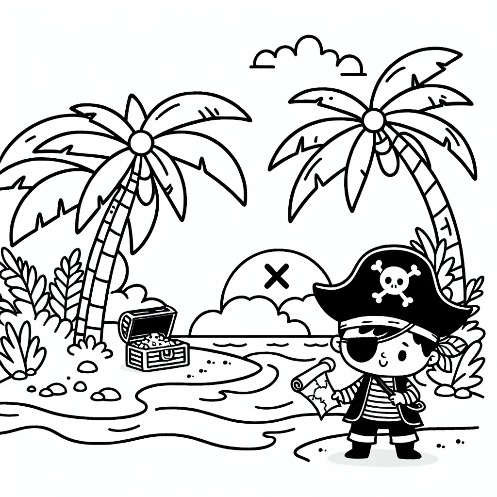 Le petit pirate aventurier cherchant un trésor sur une île tropicale