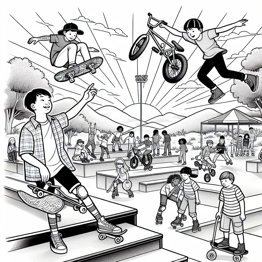 Un dessin montrant un skatepark animé où des enfants pratiquent divers sports extrêmes comme le skateboard, le BMX et le roller. Au premier plan, un garçon tente une figure sur la rampe avec son skateboard, tandis qu'une fille réalise une acrobatie aérienne avec son BMX. Au loin, d'autres enfants s'entraînent avec leurs rollers. Le ciel en arrière-plan est divisé en deux : un côté représente le lever du soleil, l'autre le coucher, symbolisant l'engouement et la passion sans fin pour ces sports.