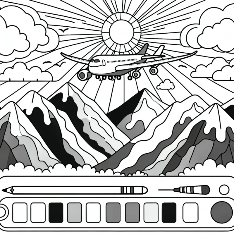 Amuse-toi à colorier un avion en vol au-dessus des montagnes avec un coucher de soleil en arrière-plan.