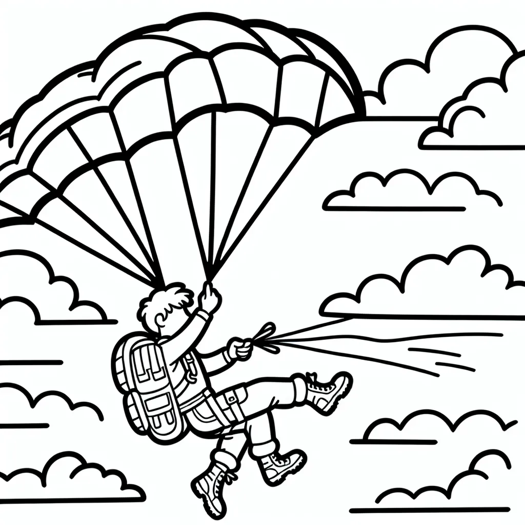 Un aventurier en plein saut en parachute dessiné en noir et blanc pour votre coloration.