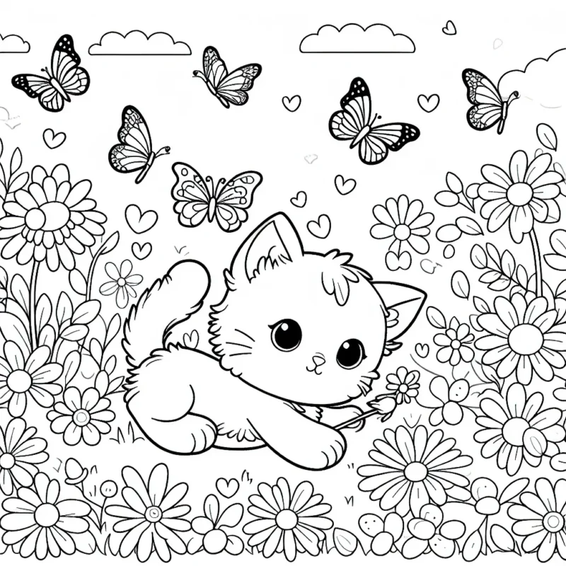 Un dessin montrant un petit chaton mignon jouant avec des papillons dans un champ fleuri.