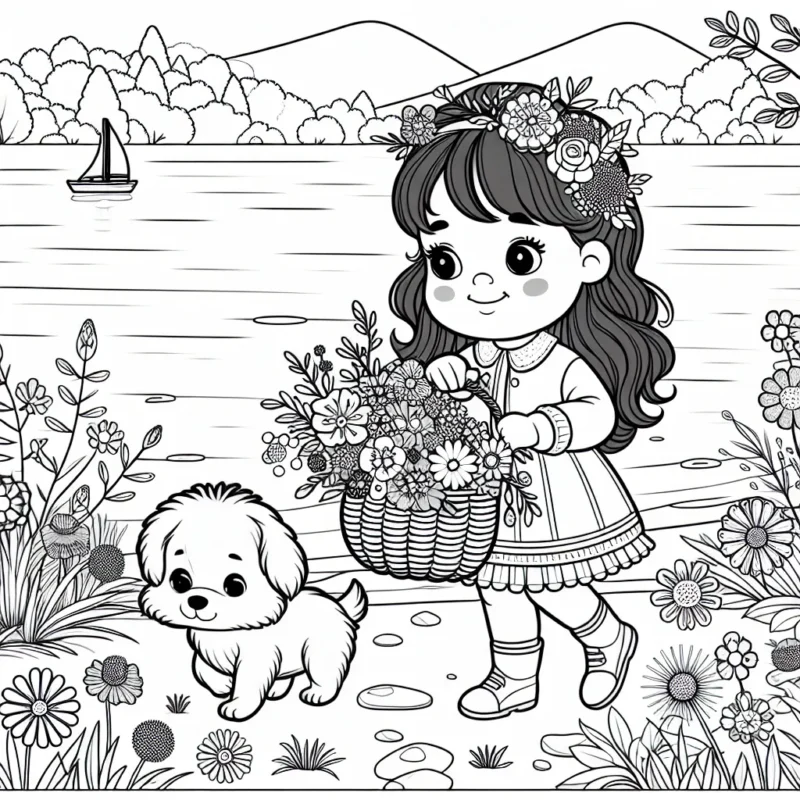 Une petite fille aimante de la nature fait une promenade matinale au bord d'un lac éclatant, avec son adorable petit chien et un panier pour recueillir des fleurs sauvages merveilleusement variées et colorées.