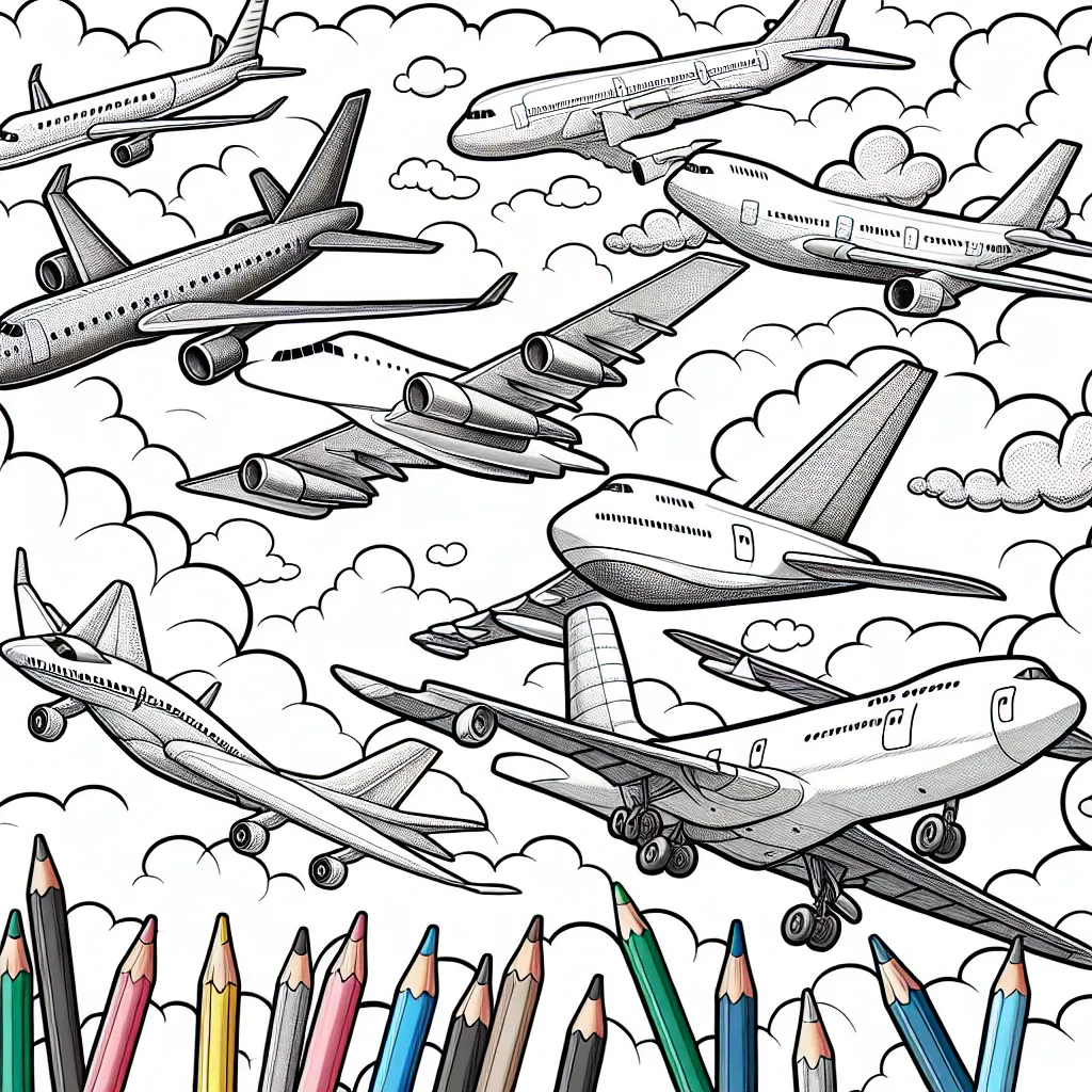 Sur ce dessin, tu verras plein de différents types d'avions ! Certains sont des avions de chasse rapides et d'autres sont d'énormes avions de passagers. Ils volent tous haut dans le ciel parmi les nuages. Prends tes crayons de couleurs et imagine tout ce que tu vois pendant un vol en avion. Pourquoi ne pas dessiner quelqu'un dans le cockpit d'un de ces avions aussi ? Bonne coloriation !