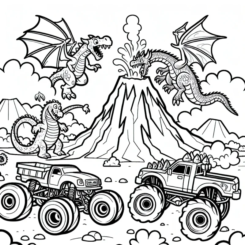 Imaginez une scène de dragons jouant avec des camions monster truck sur un volcan en activité.