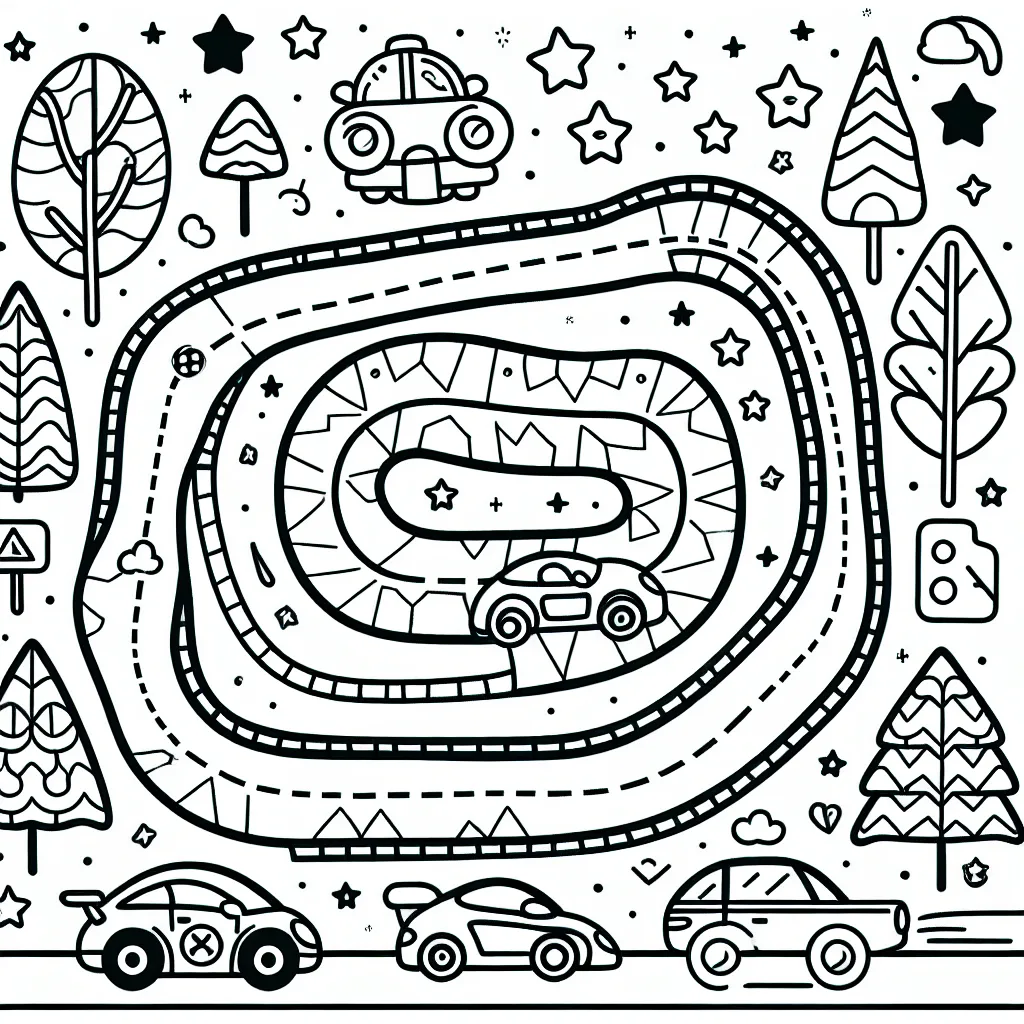 Dessinez et coloriez un circuit animé avec différentes sortes de voitures et des éléments de décor comme les panneaux de signalisation, les arbres et un ciel étoilé.