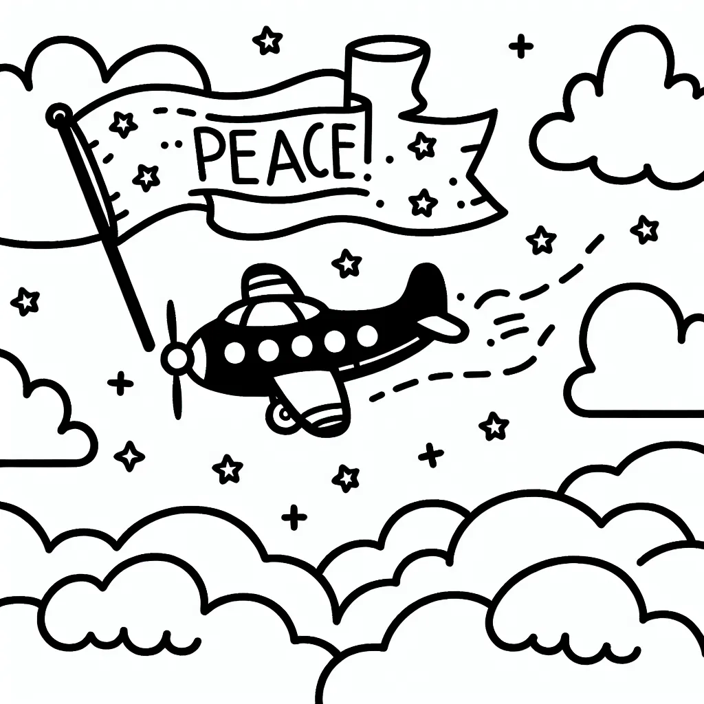 Dessine un avion volant à travers des nuages avec une bannière diffusant un message de paix.