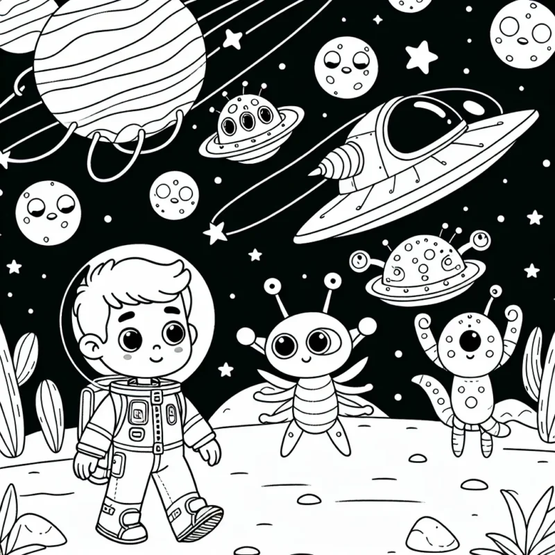 Un jeune garçon astronaute explore une nouvelle planète animée par des extraterrestres amicaux et des vaisseaux spatiaux colorés.