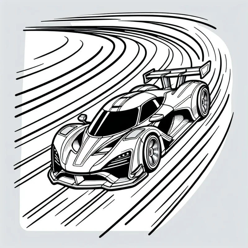 Dessine et colore une voiture de sport futuriste à l'éclatante beauté, se déplaçant à pleine vitesse sur une piste de course illustrant la vitesse et l'excitation des compétitions de sport automobile.