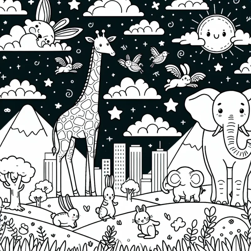 Imagine un paysage fantastique où les animaux seraient énormes par rapport à nous. Dessine une girafe aussi grande qu'une montagne, un éléphant énorme comme un building et des lapins géants bondissant entre les nuages. Pense aussi à colorier un soleil souriant, regardant ce spectacle depuis le ciel étoilé.