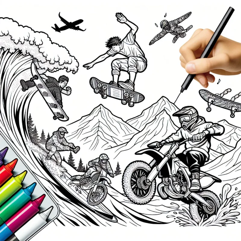 Dans cette scène d'action sur papier, un groupe d'athlètes audacieux effectue une série de sports extrêmes. Ici, vous pouvez voir un skateur effectuant un stunt audacieux, un surfeur déchirant une vague géante, un motocross volant haut dans le ciel, et un grimpeur sur un rocher énorme! À vous de peindre cette scène vibrante avec vos couleurs favorites.