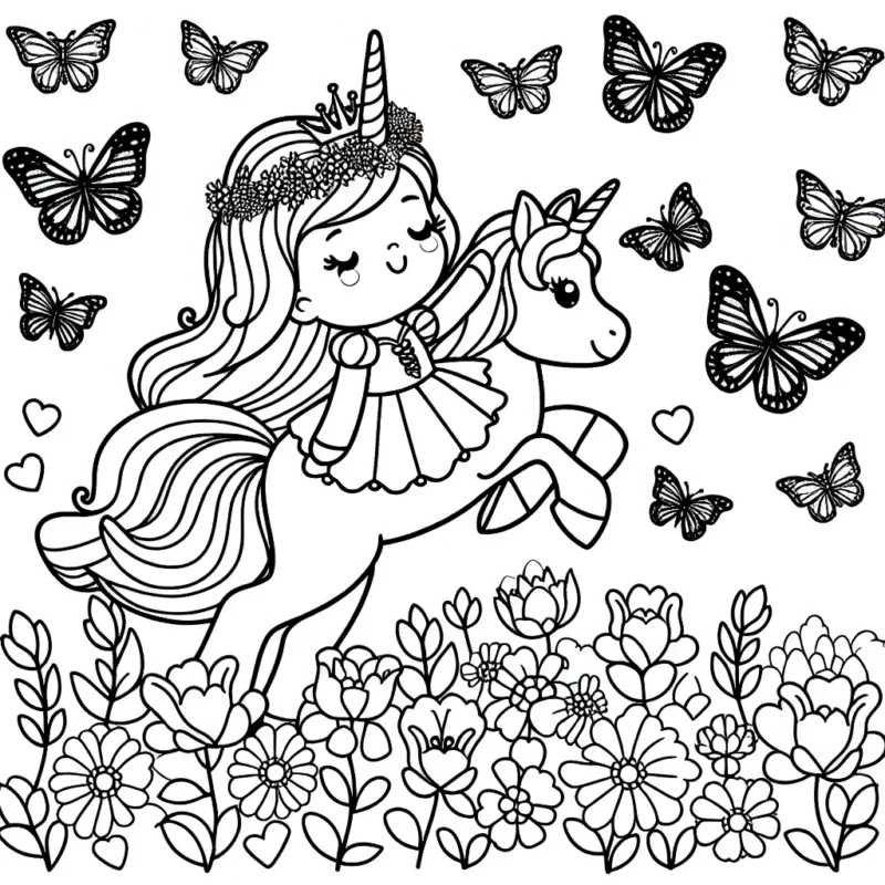 Dessine une princesse licorne dans un jardin fleuri survolé par des papillons multicolores.