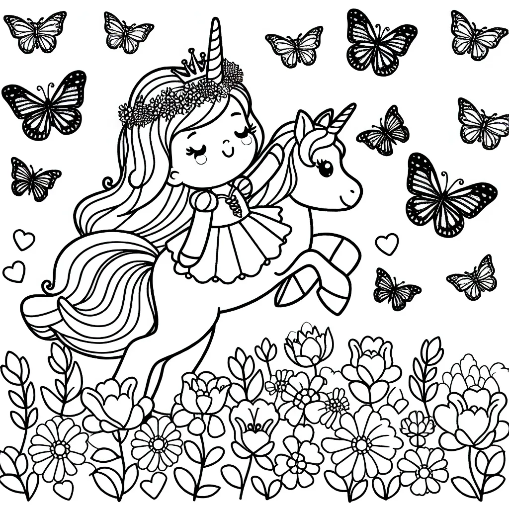 Dessine une princesse licorne dans un jardin fleuri survolé par des papillons multicolores.