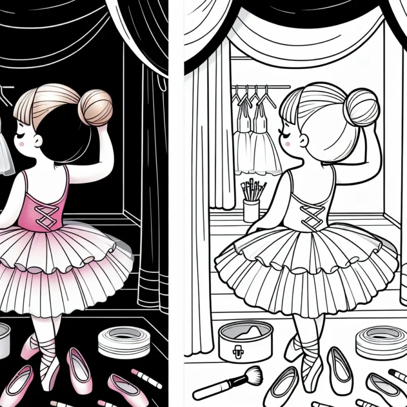 Dessine une danseuse de ballet se préparant en coulisses avant le spectacle, avec son tutu rose et ses chaussons de danse blancs.