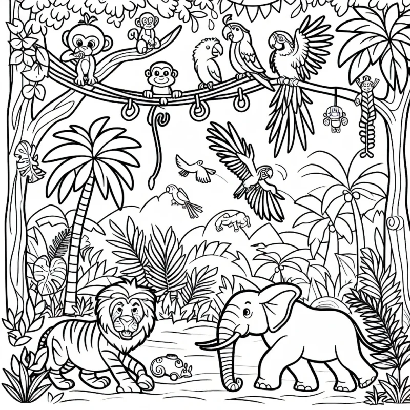 Vous allez maintenant colorier une jungle animée. Dans cette scène, vous trouverez divers animaux sauvages, comme des singes qui se balancent sur des lianes, un lion féroce qui rugit, un éléphant majestueux qui marche, des perroquets multicolores volant dans le ciel et une variété de plantes et d'arbres. Attention à ne pas oublier quelques créatures cachées dans cette jungle!