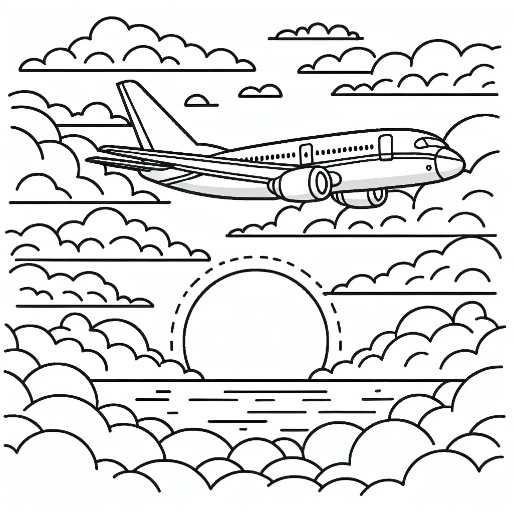 Dessiner un avion de ligne commercial volant au-dessus des nuages, avec le soleil couchant en arrière-plan.