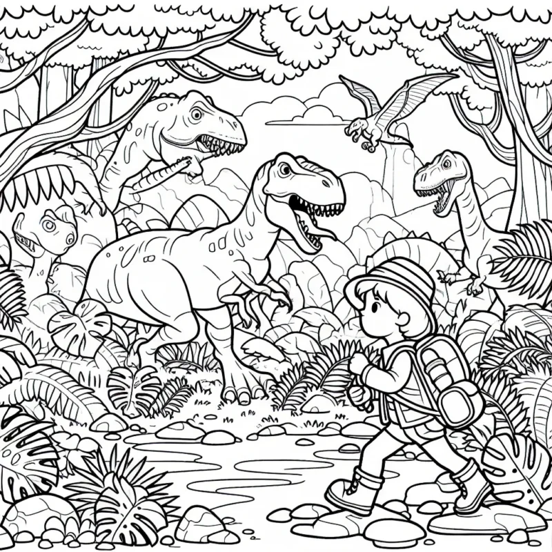 Un aventurier intrépide explorant une jungle remplie de dinosaures fantastiques.