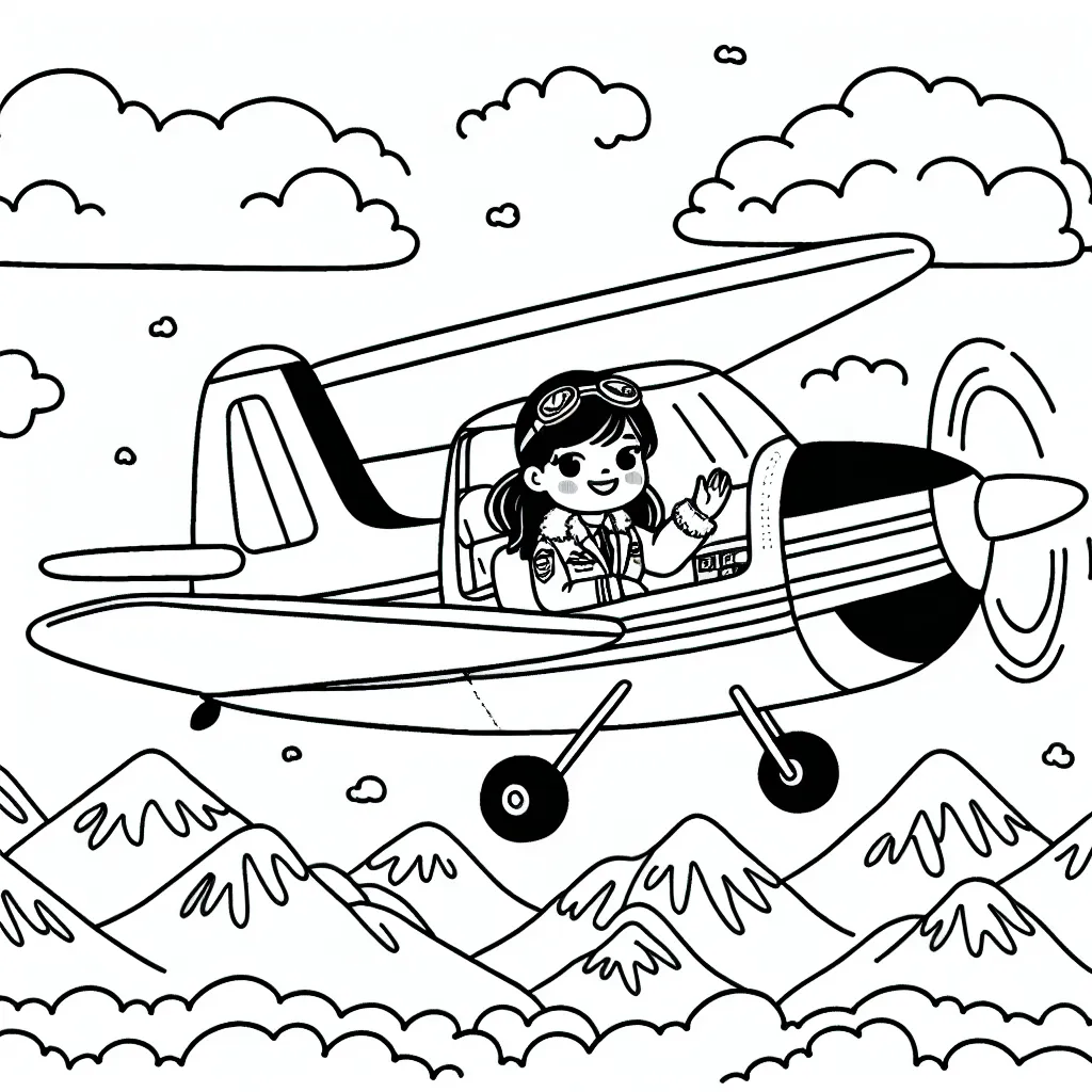 Dessine un pilote d'avion survolant les montagnes avec son petit avion à hélices. L'avion est en plein ciel et nous pouvons apercevoir les montagnes enneigées en bas. Le pilote à l'intérieur sourit et salue. N'oublie pas non plus les nuages flottant autour de l'avion dans le grand ciel bleu !