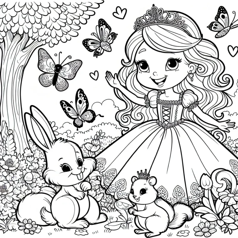 Dessine une princesse souriant dans son jardin enchanteur, entourée de ses fidèles animaux amis, un lapin, un écureuil et un papillon.