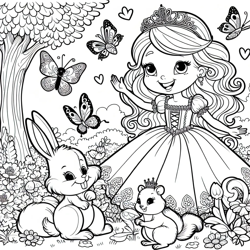 Dessine une princesse souriant dans son jardin enchanteur, entourée de ses fidèles animaux amis, un lapin, un écureuil et un papillon.