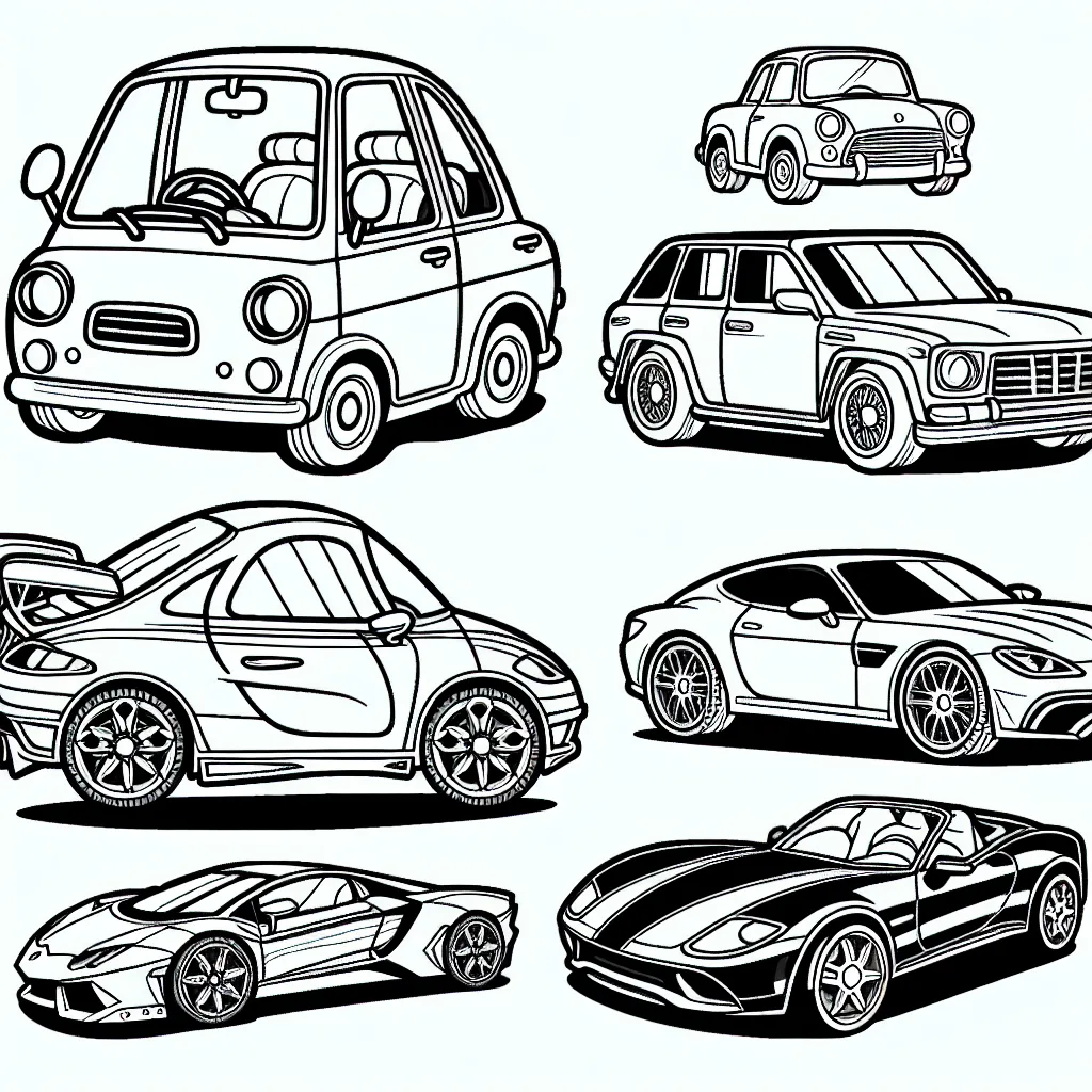 Dessinez et coloriez des voitures par marque, y compris des modèles tels que la Fiat 500, la Mercedes Classe C, la Porsche 911, le Ford Mustang et la Tesla Model S.