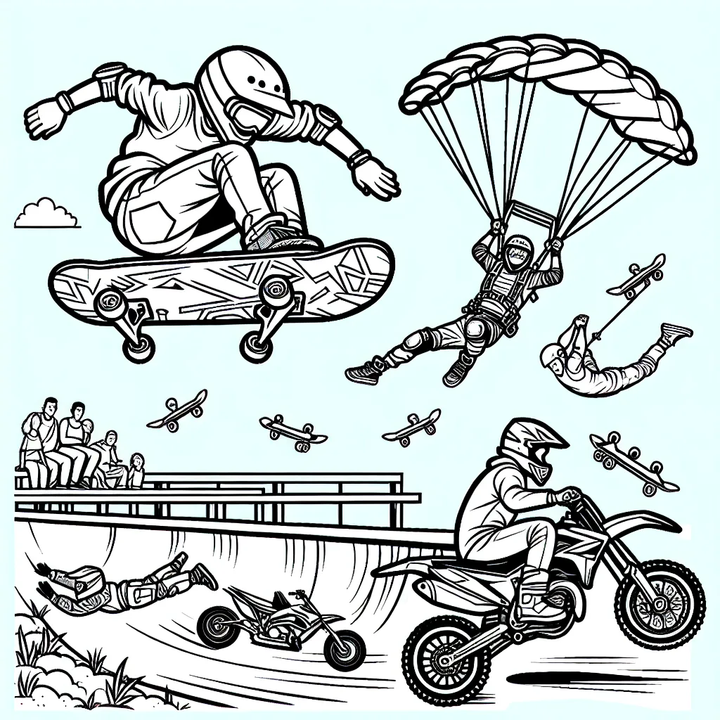 Sur la page se trouvent plusieurs figures marquantes des sports extrêmes, une silhouette en train de faire du skateboard dans un skatepark, une autre faisant du parachute, et une personne en train de faire de la motocross. La page est pleine d'actions et de mouvements, avec des détails qui captiventeront l'énergie et l'intérêt des enfants.