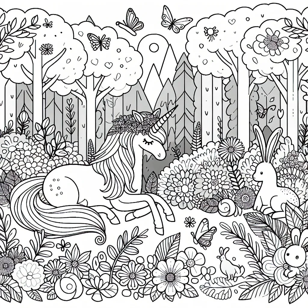 Draw a magical unicorn in a forest filled with beautiful flowers and cute animals