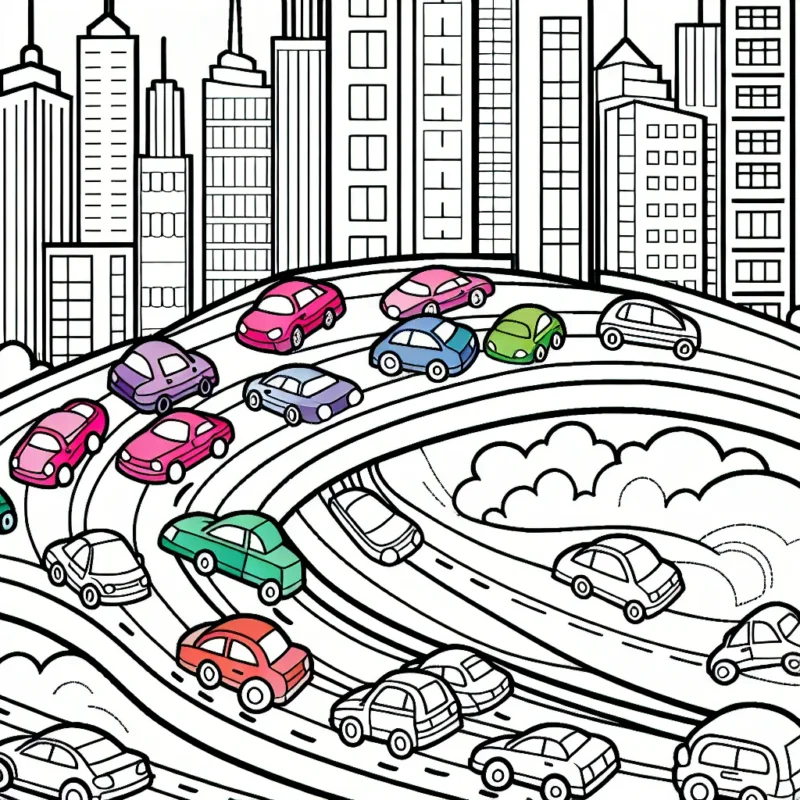 Dessine une course folle de voitures multicolores sur une route sinueuse traversant la ville avec des immeubles au fond.