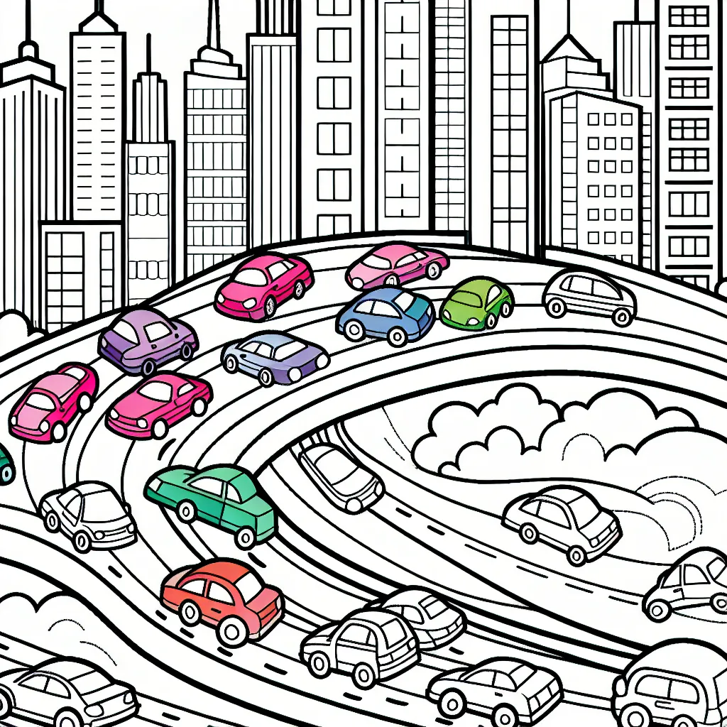 Dessine une course folle de voitures multicolores sur une route sinueuse traversant la ville avec des immeubles au fond.