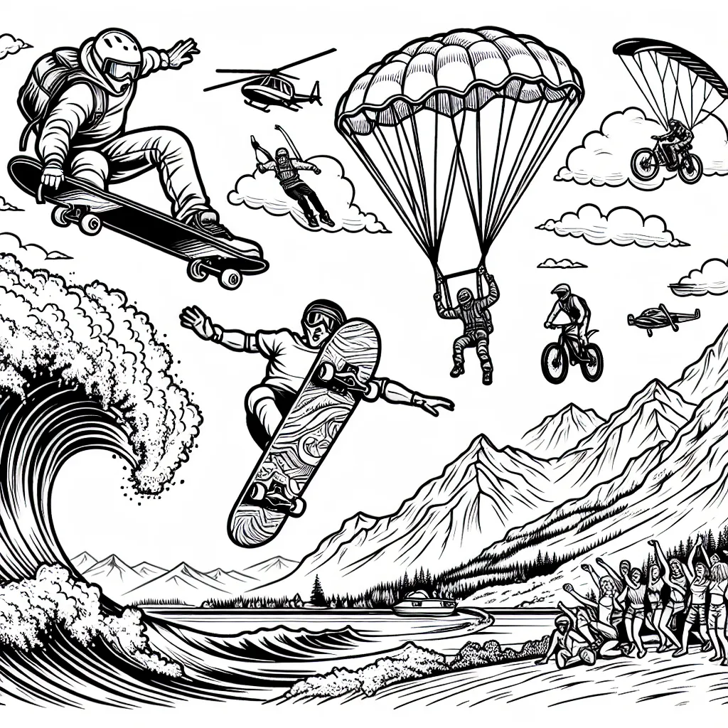 Imaginez une scène bourrée d'action avec différents sports extrêmes pratiqués simultanément. On y trouve un skateur réalisant une figure aérienne impressionnante, une personne faisant du jet ski avec des vagues gigantesques, un parachutiste descend en spirale du ciel et un cycliste en montagne en train de descendre une pente raide. Des supporters passionnés sont également présents pour ajouter une touche festive à la scène.