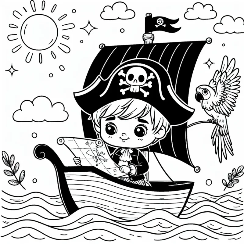 Imagine un petit garçon pirate sur son bateau voguant sur des eaux agitées, en quête d'un trésor. Il a une carte à la main et un perroquet sur son épaule. Dans le ciel, le soleil brille au milieu de quelques petits nuages.